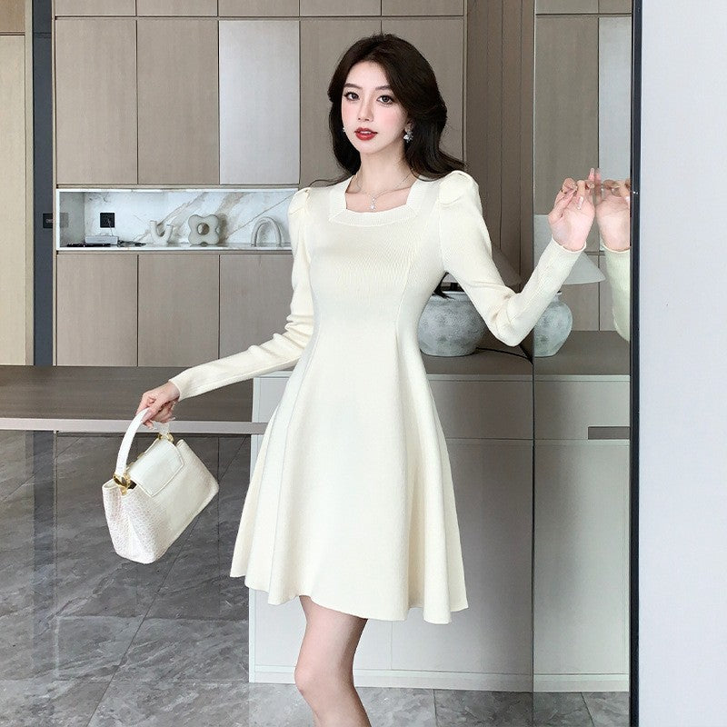 New Small French Square Neck Knitted Dress Women's Waist Bottom with Coat A-word Sweater Skirt Tide