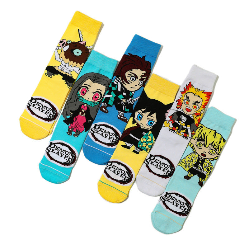 Men's Cartoon Medium Tube Women's Cotton Comic Socks, Stockings, Anime Trend Men's Ghost's Blade Socks-5PRS