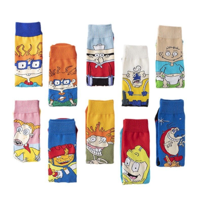 Medium Tube Personalized Animation Cartoon Comic Socks Male and Female Skateboard Cotton Socks-5PRS