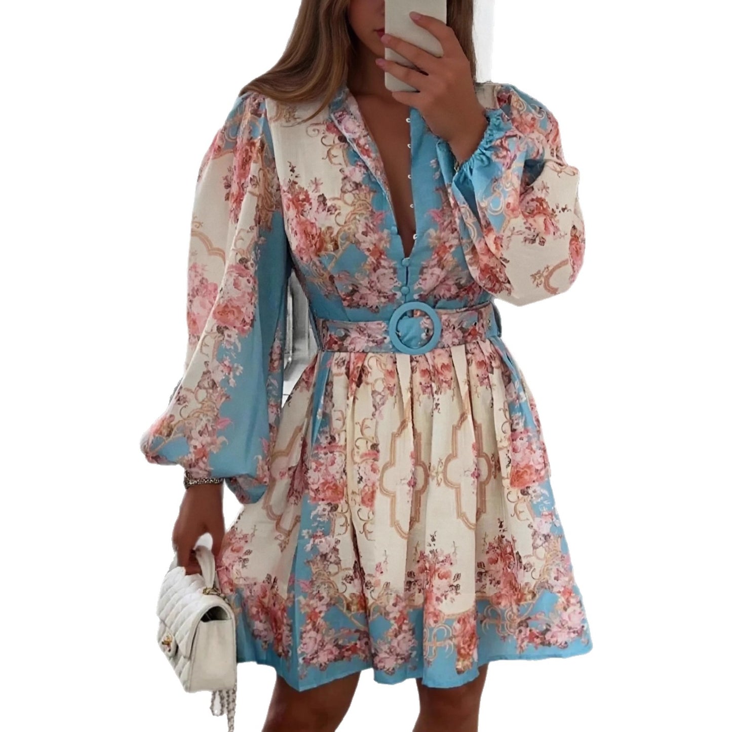 Spring Floral Midi Dress: Vintage Belted Fit, Puffed Sleeves & Mock Neck