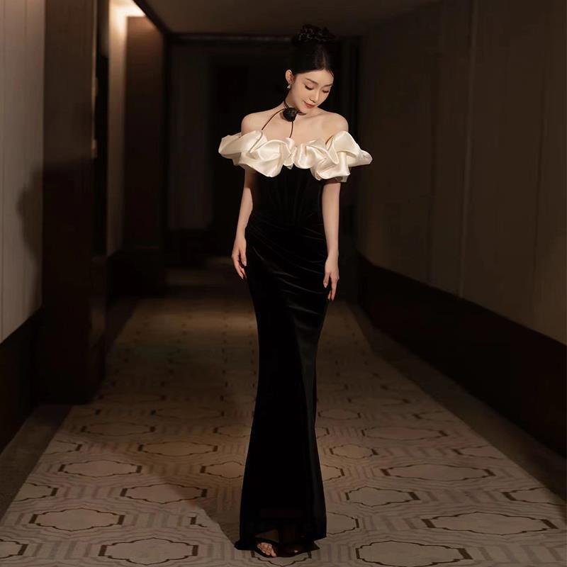 Evening Dress Women's Black One-word Shoulder Temperament High-end Fishtail Senior Sense Adult Ceremony Banquet Dress Light Luxury Niche