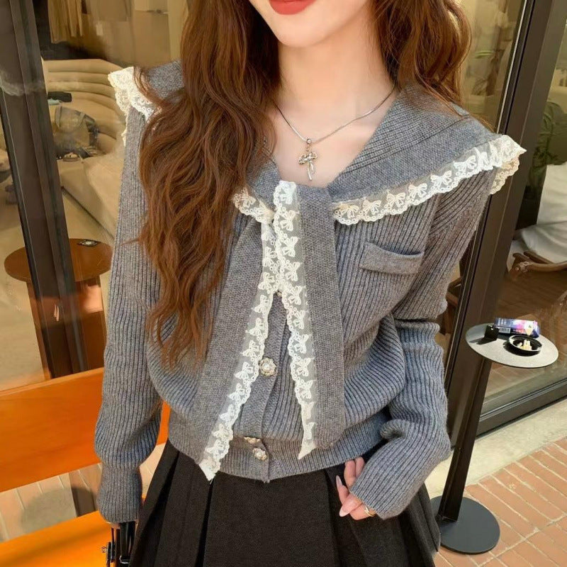 Solid Color Lace Edge Knitted Cardigan Women's Spring New Lace-up Lapel Splicing Top Women