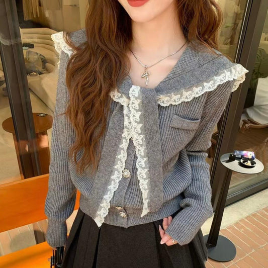 Solid Color Lace Edge Knitted Cardigan Women's Spring New Lace-up Lapel Splicing Top Women