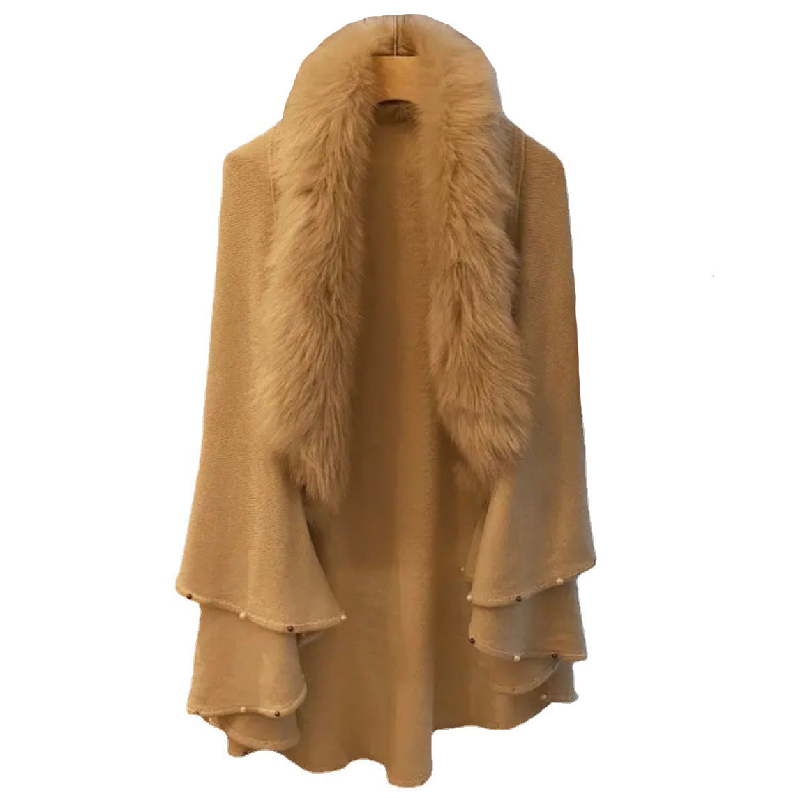 New Imitation Fox Fur Collar Hem Bead Knitted Shawl Cape Large Size Cardigan Loose Coat Women