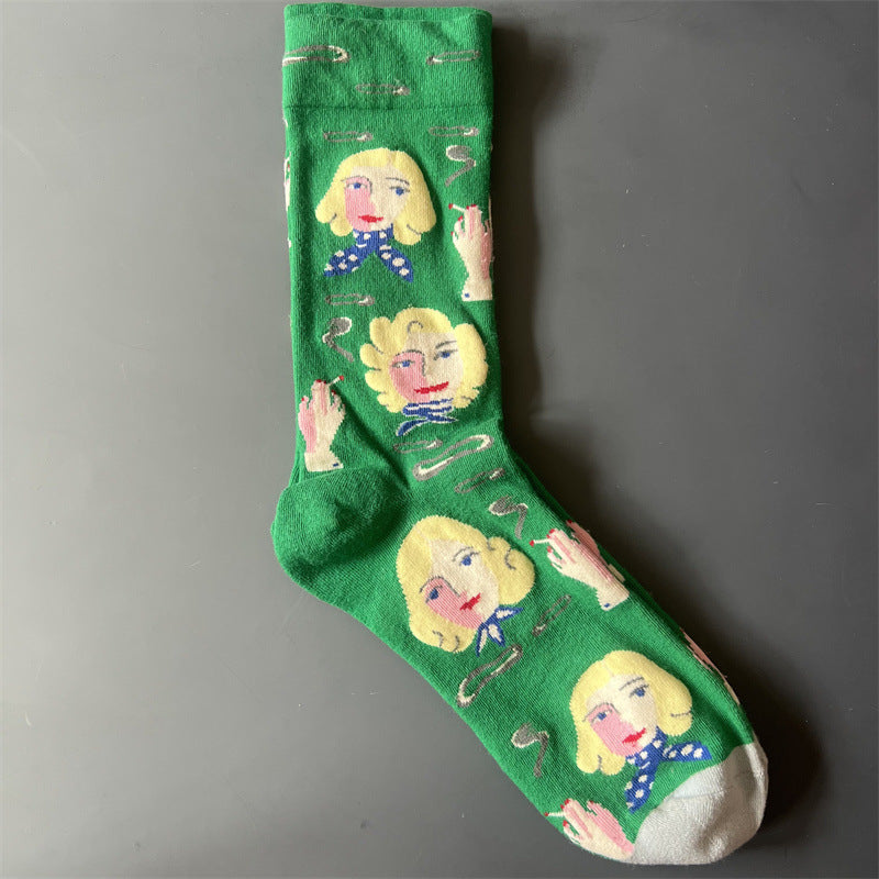 New Product Mid Calf Socks Women Oil Painting Socks Niche Fun Literary and Artistic Color Socks