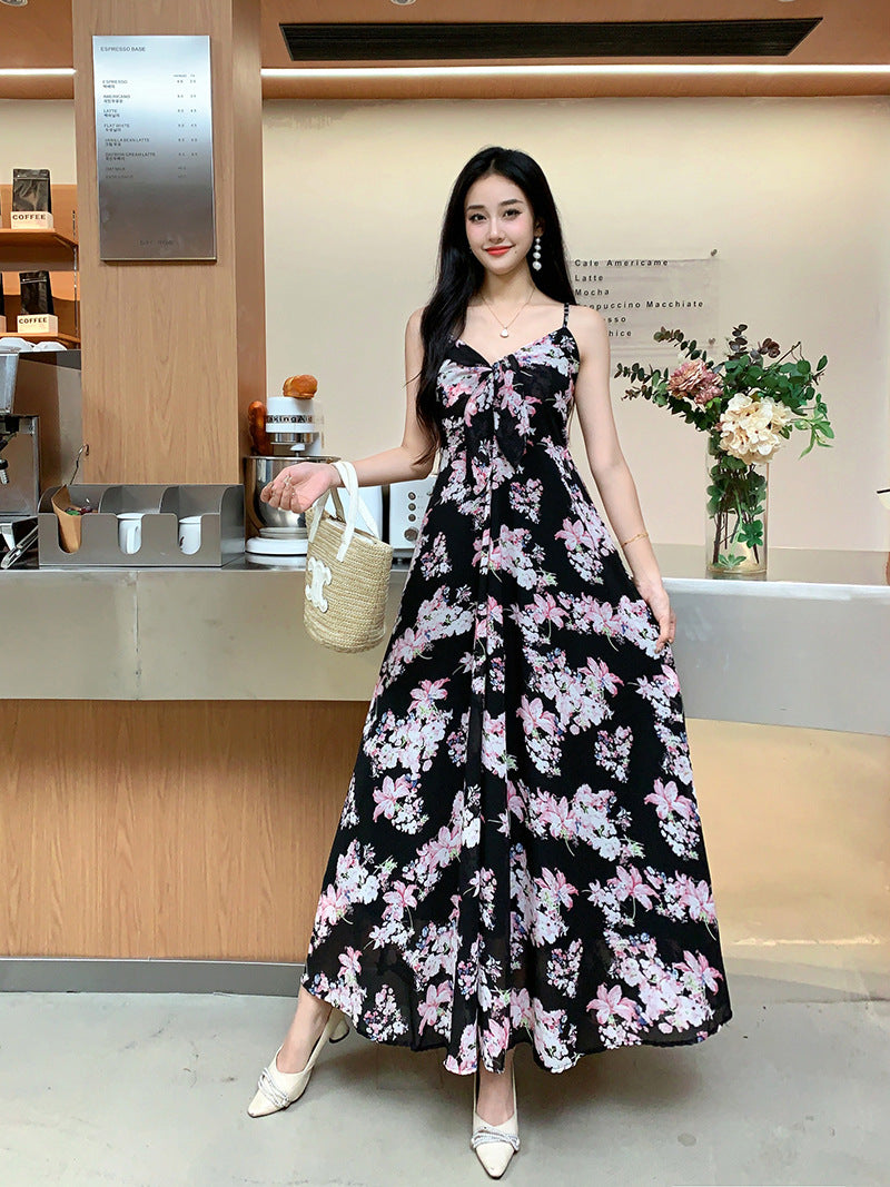 Temperament Royal Sister Fan Dress Women's Fashion Floral Age Reduction Medium and Long Skinny Dress