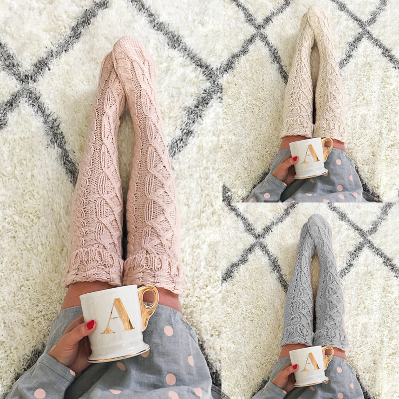 Quality Fashion Twist Flanged Knitted Long Tube Over Knee Stacking Socks Women, Solid Color Medium Long Tube Wool