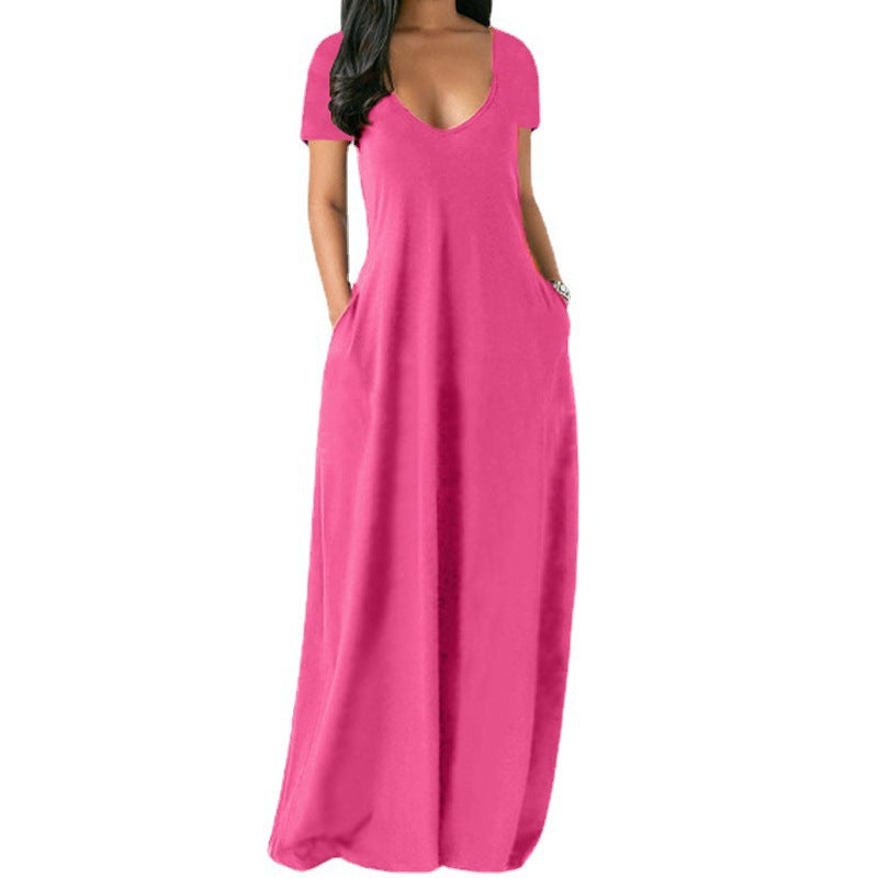 Summer Trending Plus Size Solid Color Maxi Dress - Sexy Deep V-Neck Short Sleeve