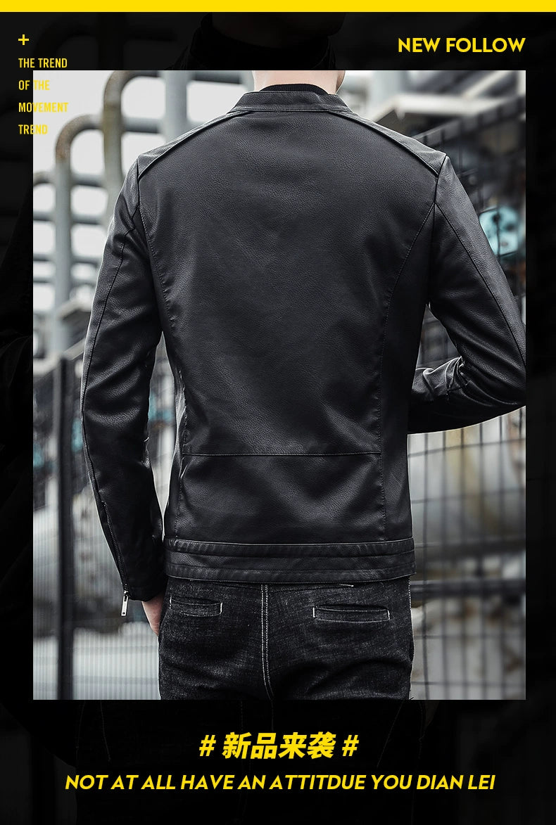 Super Popular Locomotive Leather Jacket Men's Slim-fitting Short Spring and Autumn Jacket with Fleece Is Handsome