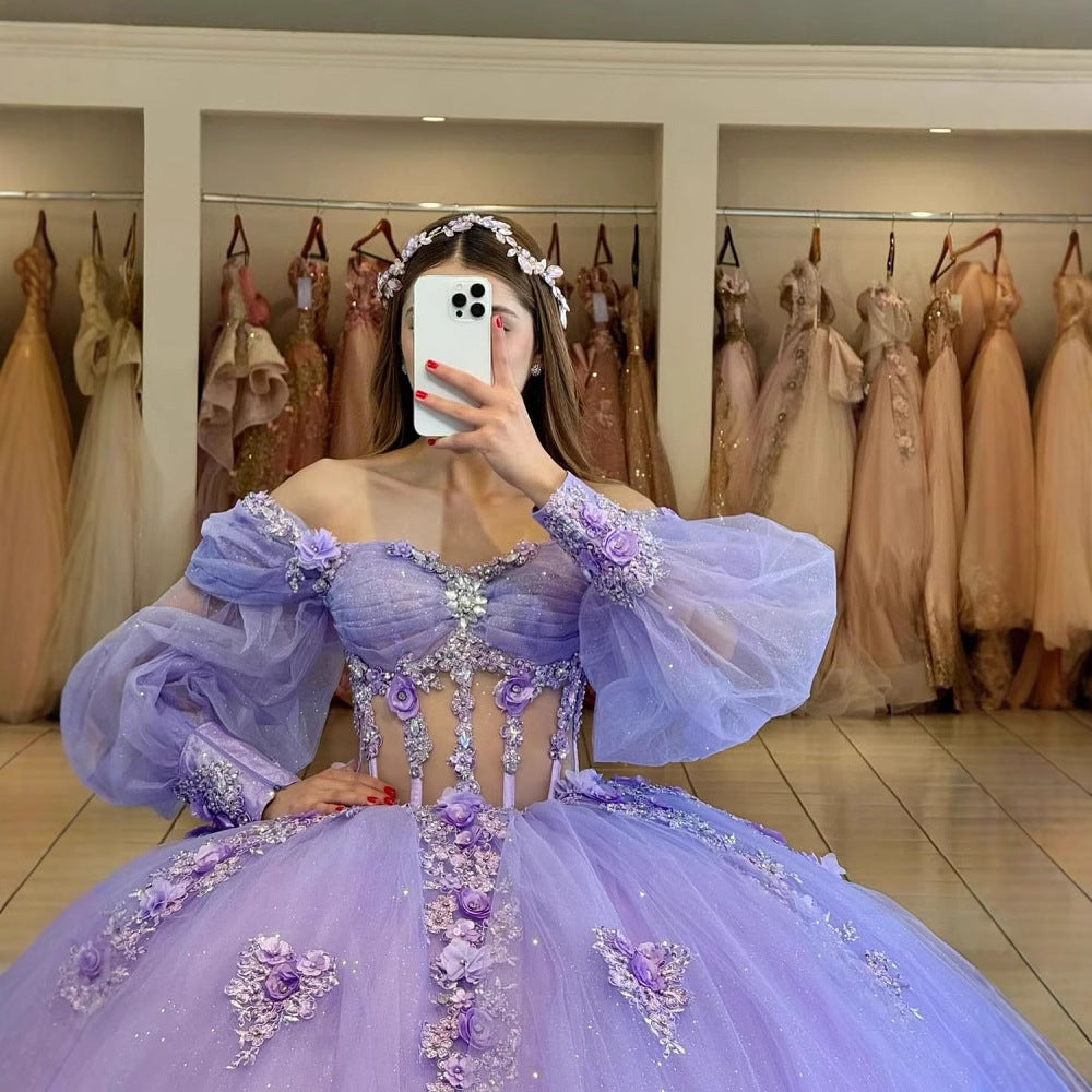Floral One-Shoulder Tutu Dress with Bubble Sleeves - Spring Summer Elegant Party & Evening Wear