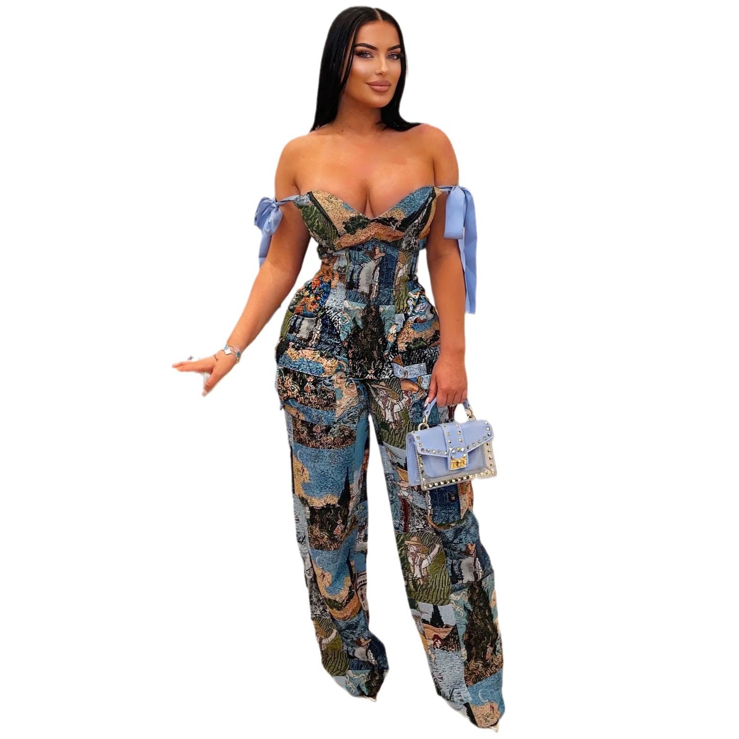 Stylish Oil-Print Cargo Pants - Drawstring Waist, Multi-Pocket Utility Set | Trendy Artistic Design