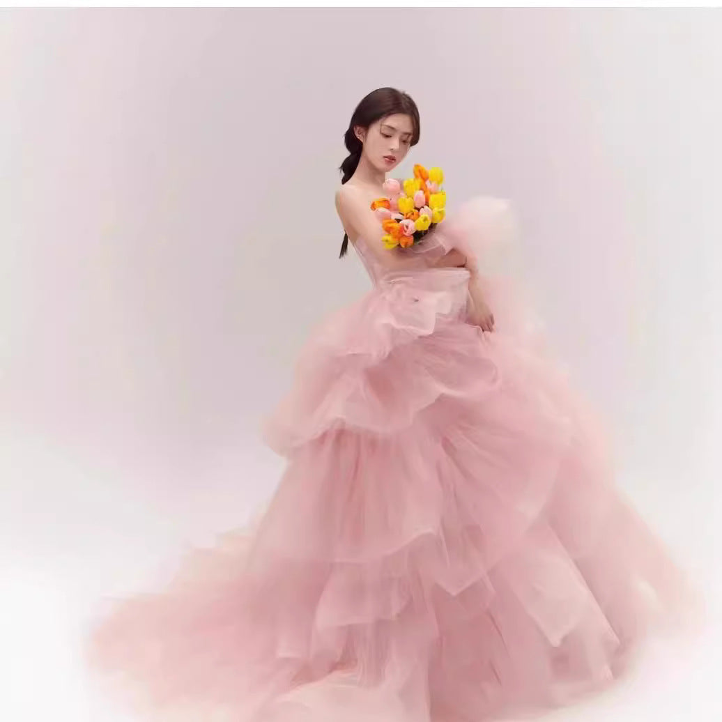 Pink Evening Dress Women's High-end Tube Top Light Wedding Dress French Banquet Light Dress Adult Dress Trailing Princess Dress