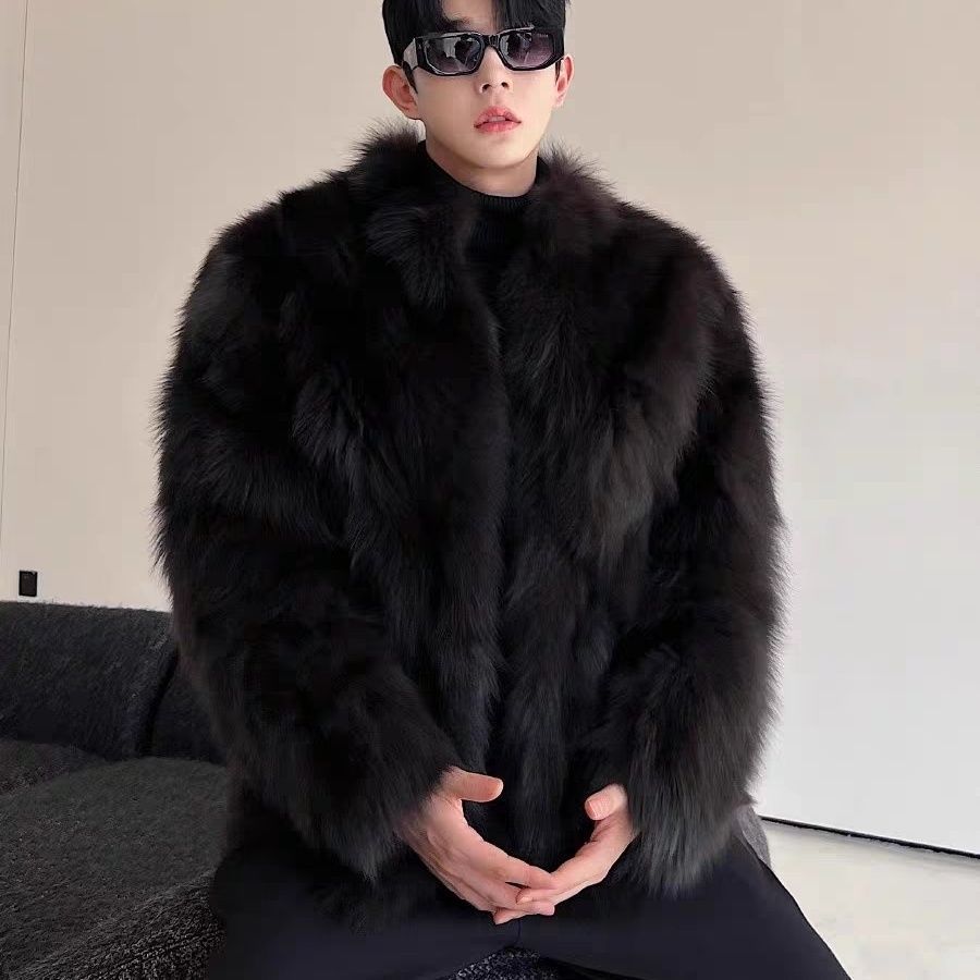 Luxury Faux Fur Coat Men - Thickened Mink & Fox Trim Jacket | Premium Winter Outerwear Black