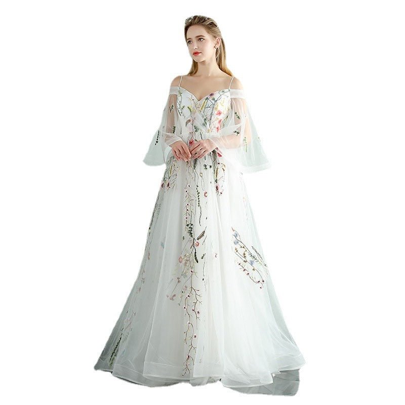 Evening Dress Female New Small Trailing Slim Party Banquet Host, White Bridal Wedding Dress Female