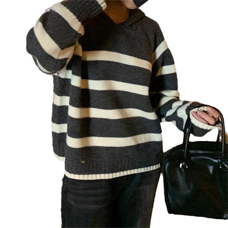Retro Striped Hooded Sweater Women's Autumn and Winter Lazy Wind Long-sleeved Contrasting Color Knitted Sweater