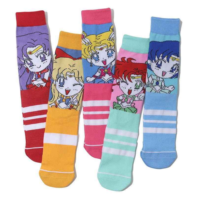 Female Casual Cotton Medium Tube Sailor Moon Anime Manga Day Man Women's Socks-5prs