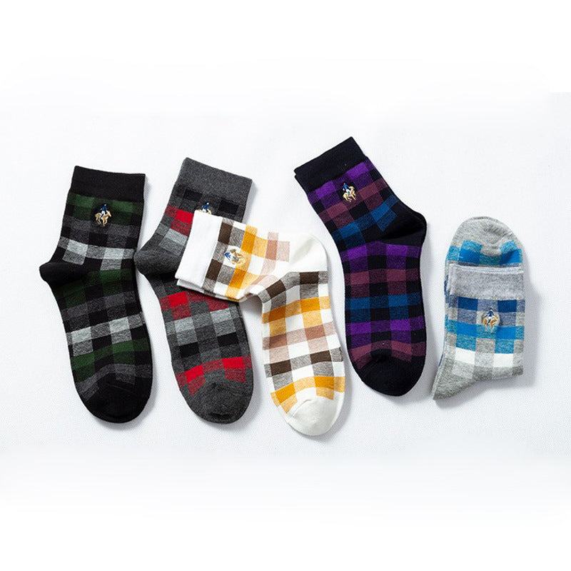Men's Socks Spring and Autumn Business Trendy Socks Plaid Combed Cotton Medium Tube Socks