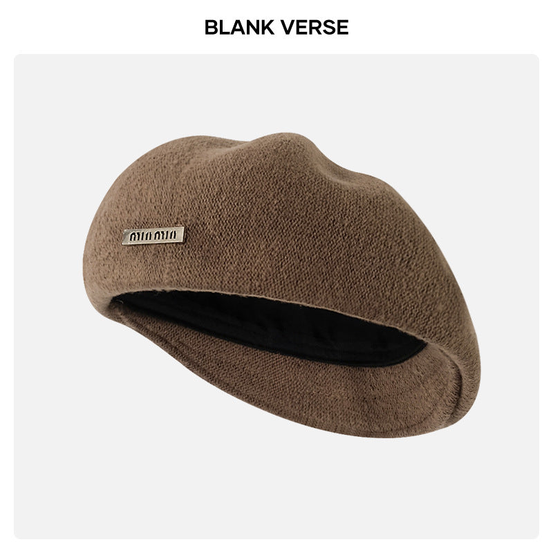 Autumn and Winter New Metal Standard Beret Children Big Head Circumference Show Face Small Reverse Wear Woolen Forward Hat