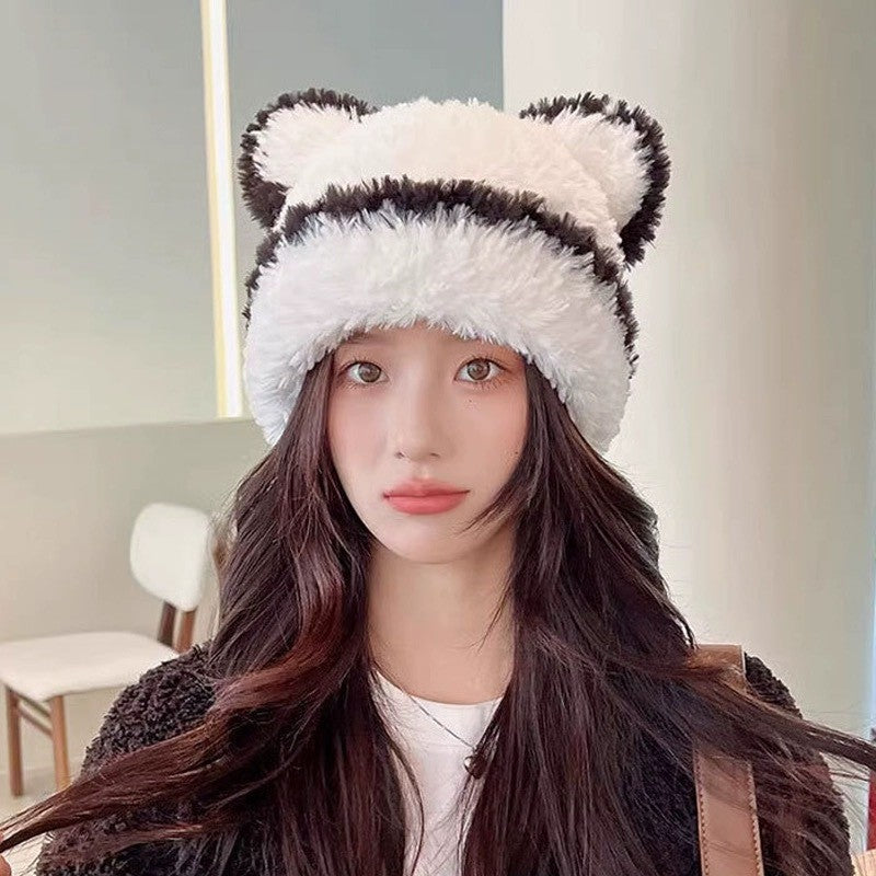 New Knitted Hat Children's Winter Wool Stripes Show A Small Face Plush Warm Thickened Large Head Circumference Ear Protectors Stacking Hat