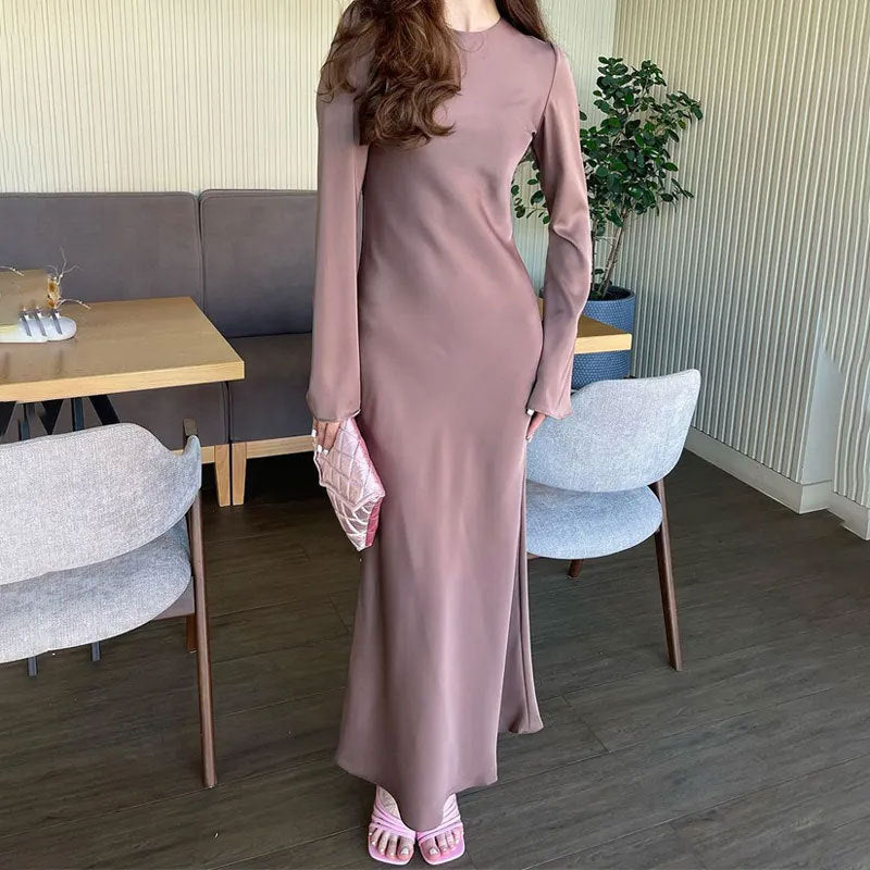 Élégant French Dress: Solid Color, Long Sleeve Bodycon Midi Skirt - Timeless Fall Transition