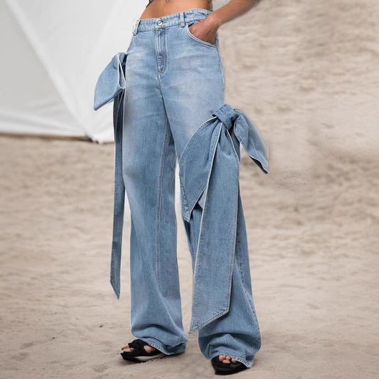 Women's Patch Pocket Jeans High Waist and Butterfly Tie Design Street Casual Style Solid Color Wide Leg Pants