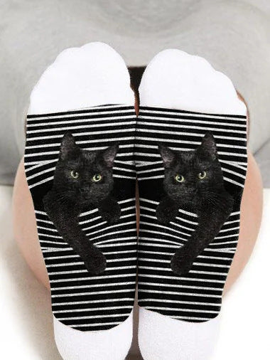 Men's Socks New Black and White Striped Animal Cat Print Plus Size Men's and Women's Medium Tube Socks