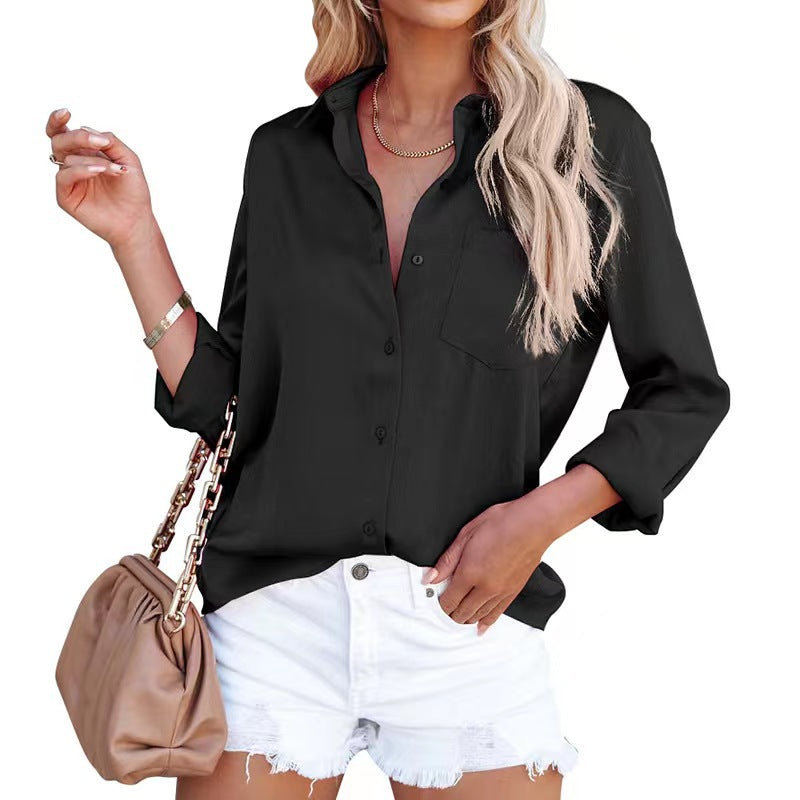 Spring Viral Acetate Satin Blouse: Luxe Solid-Tone Long Sleeve Office Shirt for Women Trending Workwear Minimalist Fashion