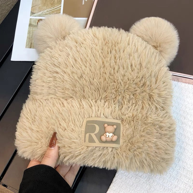 Cute bear wool hat female winter 2024 popular plush warm fluffy autumn and winter big head circumference knitted hat
