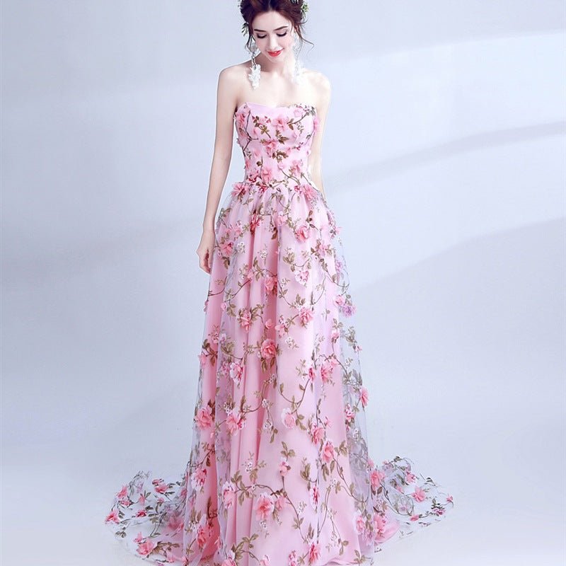 New Evening Dress Bean Pink Flower Lace Tub Top Performance Dress Bridal Wedding Banquet Annual Meeting Evening Dress