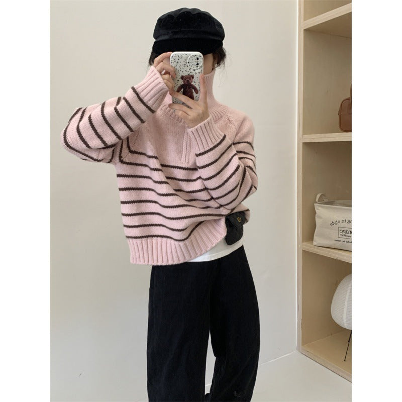 Striped Half-zipper Pullover Sweater Women's Autumn and Winter New Loose Lazy Wind Thick Knitted Sweater