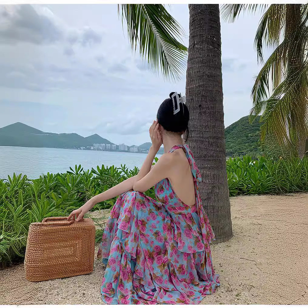 Parisian Floral Dress | Elegant Backless Design | Summer Vacation Boho Chic | Luxury Niche Fashion