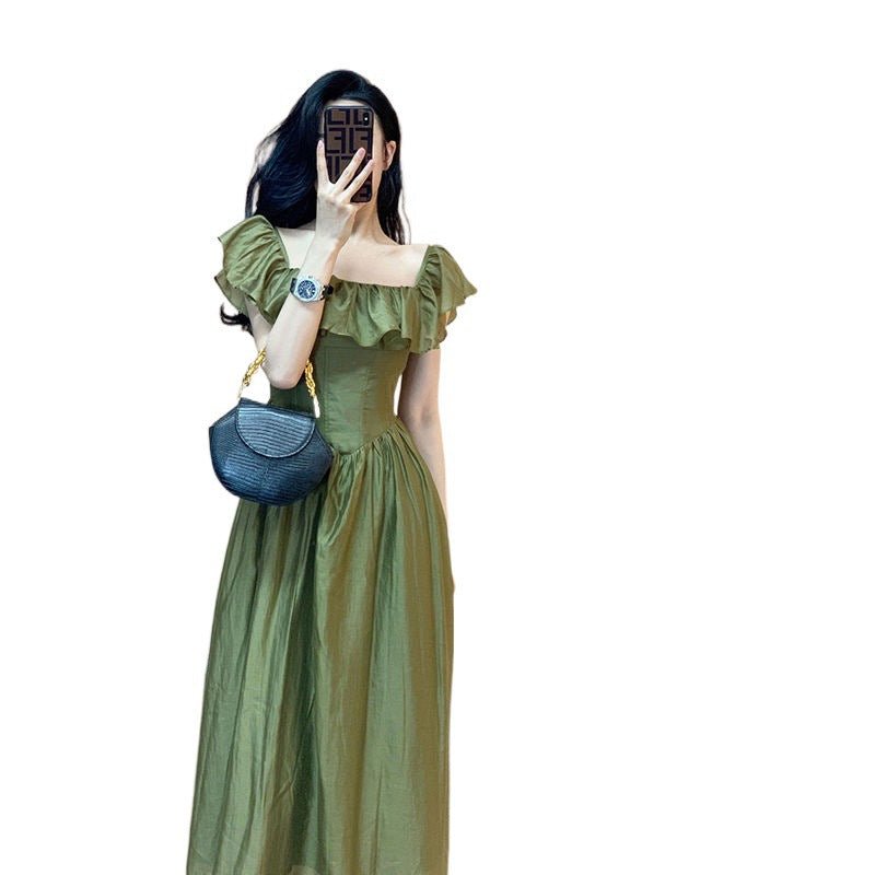 Green one-word shoulder square neck bubble sleeve dress women's summer new temperament long skirt