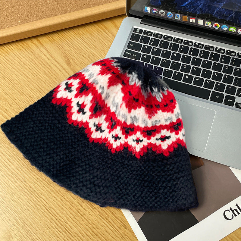 Retro Wool Hat Autumn and Winter Women's Warm Ear Protection Versatile Face Small Color Matching Warm Knitted Bucket Hat