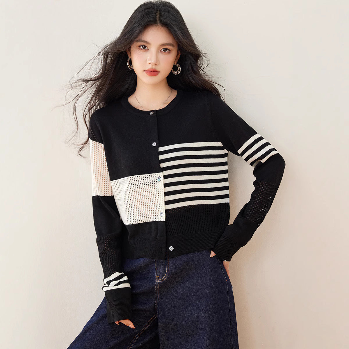 Spring New Korean Lazy Niche Irregular Hollow Texture Striped Crew Neck Cardigan Knitted Top Women