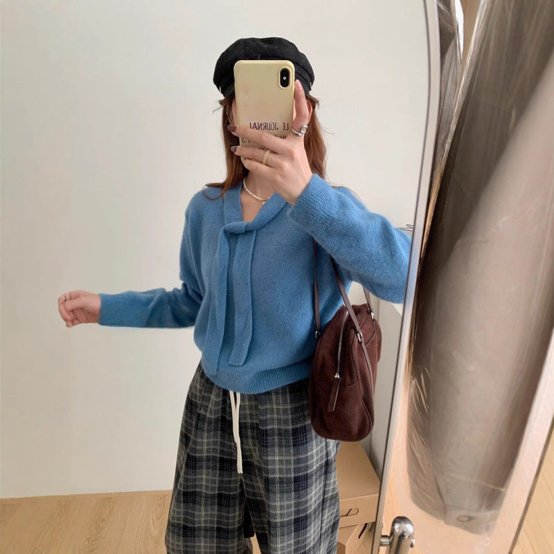 Design Sense Streamer Color Point Soft Waxy Red Sweater Women's New V-neck Bottoming Knitted Sweater