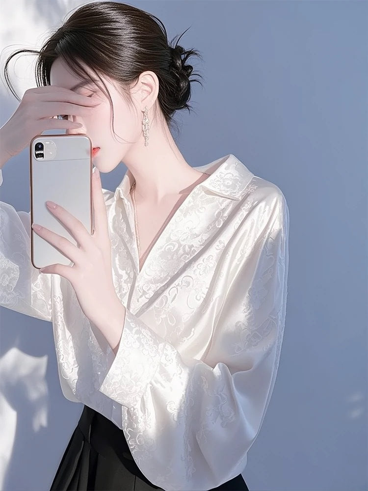 Women’s Purple Satin Jacquard Blouse - French Vintage Fall Long Sleeve Elegant Shirt