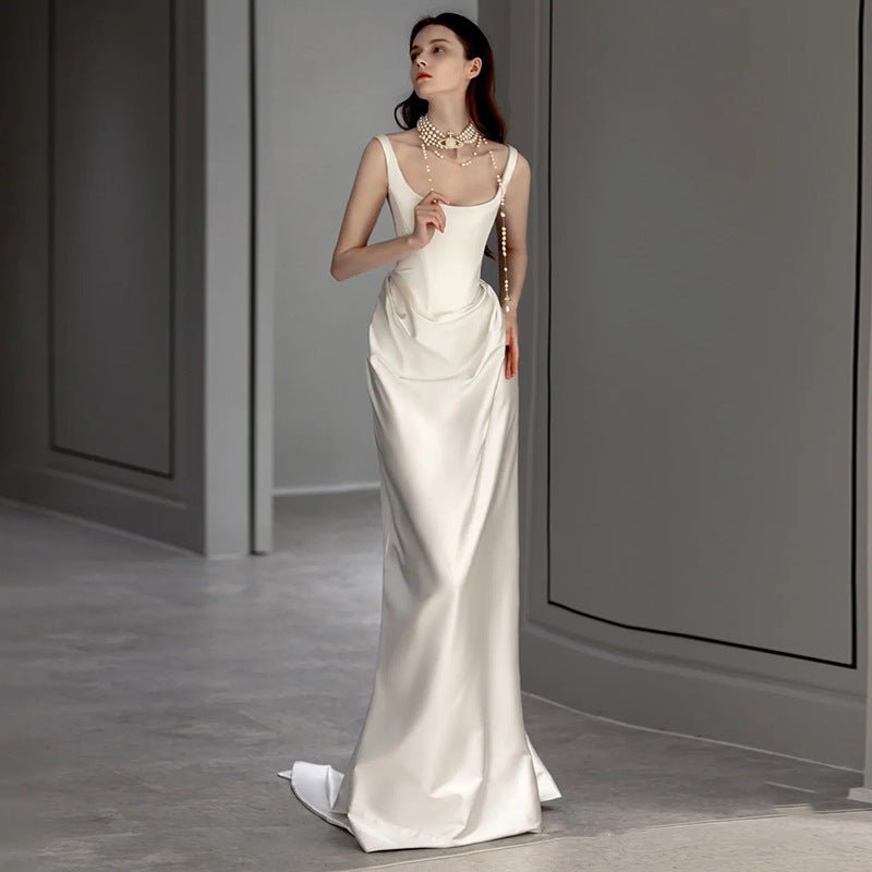 Satin Light Wedding Dress New Retro Simple Going Out Yarn Small Trailing Suspender Dress Evening Dress