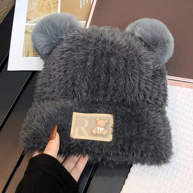 Cute bear wool hat female winter 2024 popular plush warm fluffy autumn and winter big head circumference knitted hat