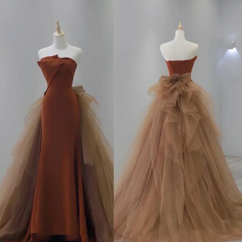 Toast Clothes Burgundy Fishtail 2024 New Vocal Art Test Evening Dress Women's Annual Meeting Host One-word Shoulder Light Wedding Dress