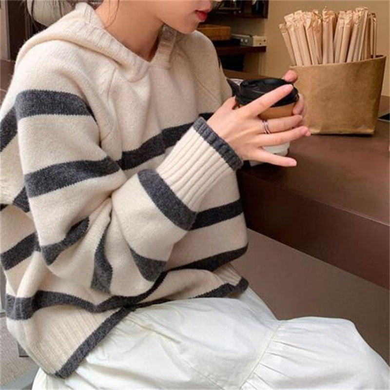 Retro Striped Hooded Sweater Women's Autumn and Winter Lazy Wind Long-sleeved Contrasting Color Knitted Sweater