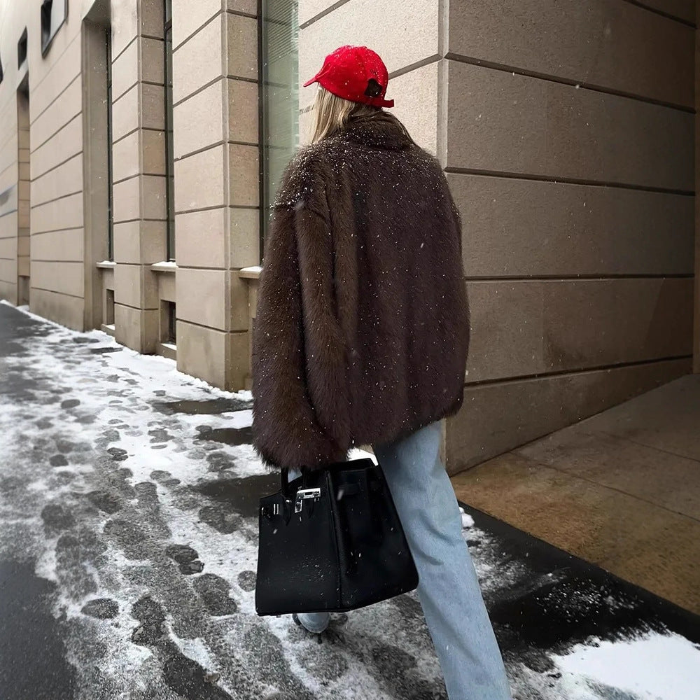 Stylish Faux Fur Jacket Women Warm Teddy Bear Coat Lapel Collar Cozy Fall Winter Outerwear
