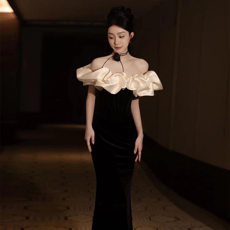 Evening Dress Women's Black One-word Shoulder Temperament High-end Fishtail Senior Sense Adult Ceremony Banquet Dress Light Luxury Niche