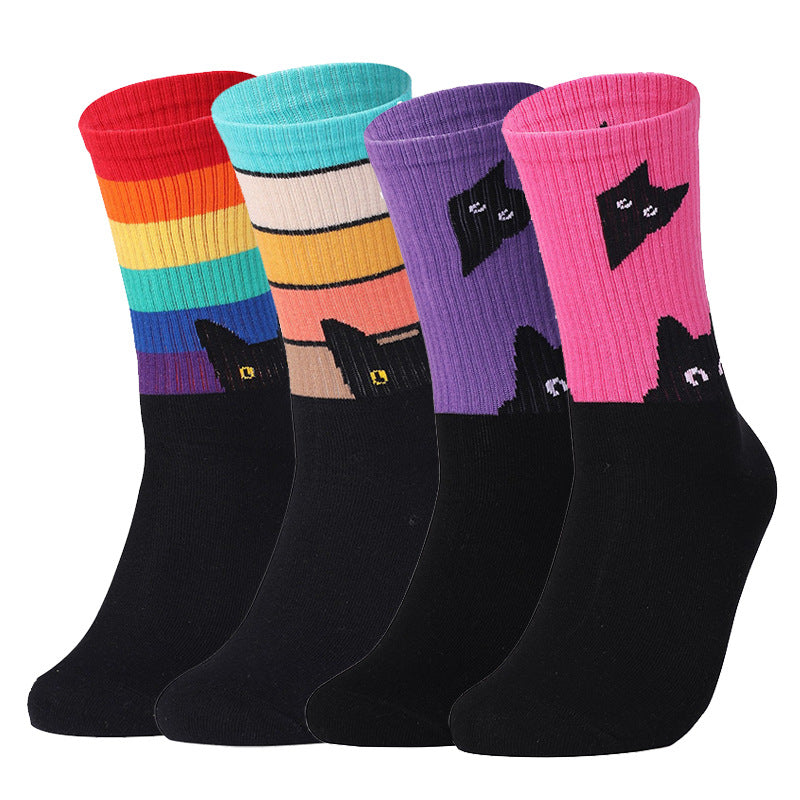 Casual Socks Hot Flashes Cat and Dog Rainbow Large Size Cotton Socks Women's Socks Casual Pure Cotton Women's Medium Tube Socks