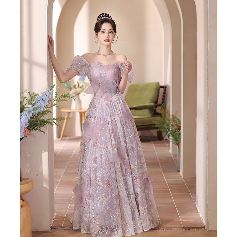 Lilac Tulle Evening Gown - Fairy Princess Dress with Puff Sleeves for Banquet & Stage Events
