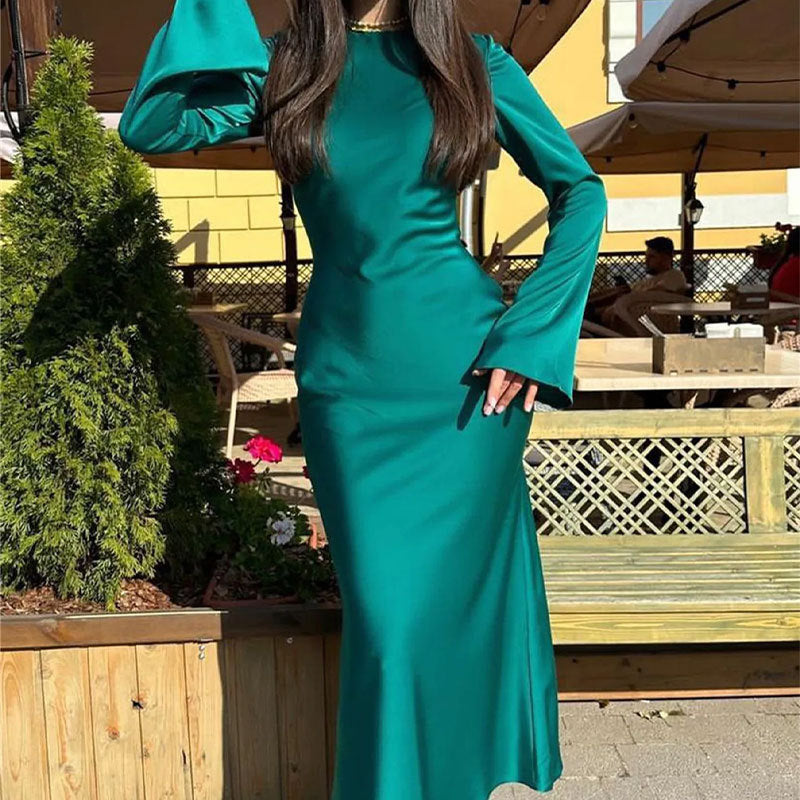 Élégant French Dress: Solid Color, Long Sleeve Bodycon Midi Skirt - Timeless Fall Transition