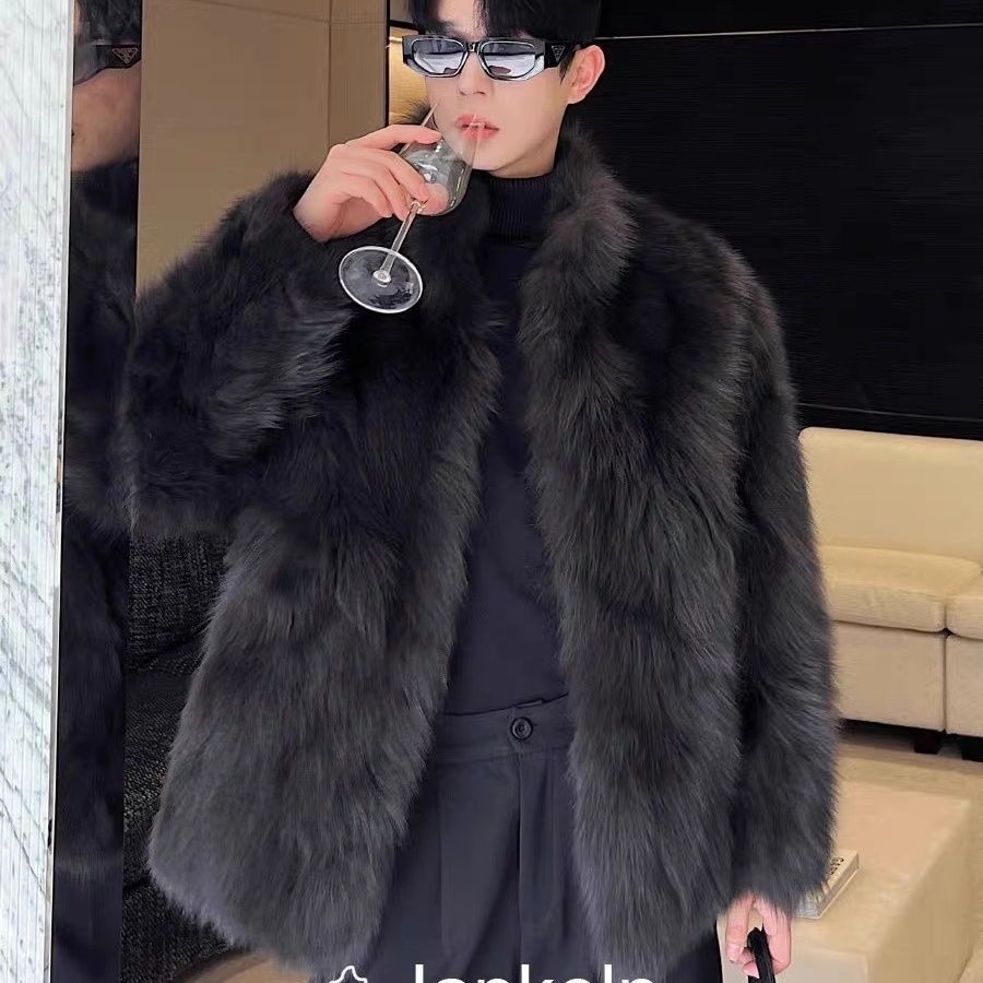 Luxury Faux Fur Coat Men - Thickened Mink & Fox Trim Jacket | Premium Winter Outerwear Black