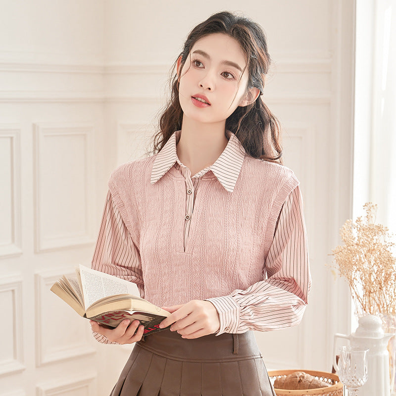 Spring New Sweet Fake Two-piece Contrasting Striped Long-sleeved Shirt Women's Design Sense Splicing Knitted Top