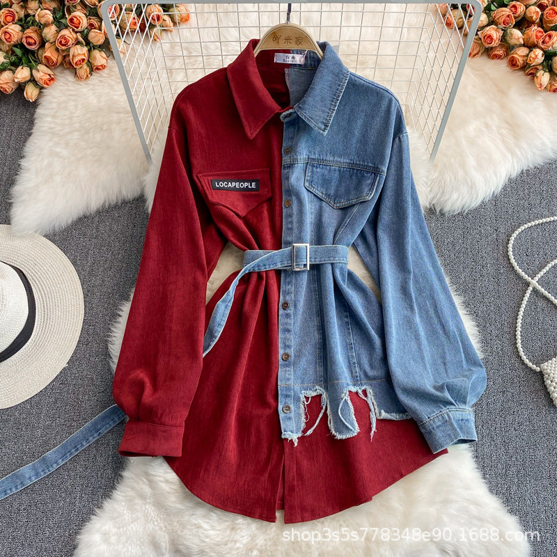 Denim Splicing Lapel Dress Spring and Autumn New Waist and Thin Irregular Medium and Long Shirt