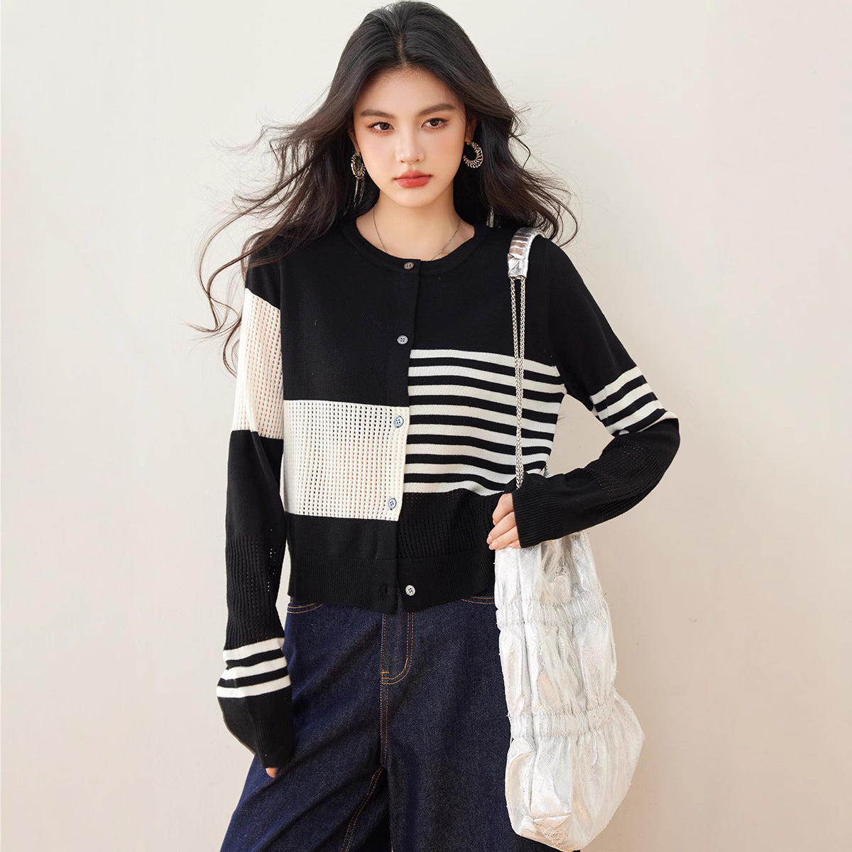 Spring New Korean Lazy Niche Irregular Hollow Texture Striped Crew Neck Cardigan Knitted Top Women