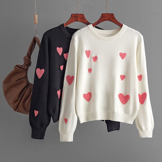 2024 autumn and winter new love flocking embroidery round neck long sleeve knitted sweater pullover bottoming shirt top women